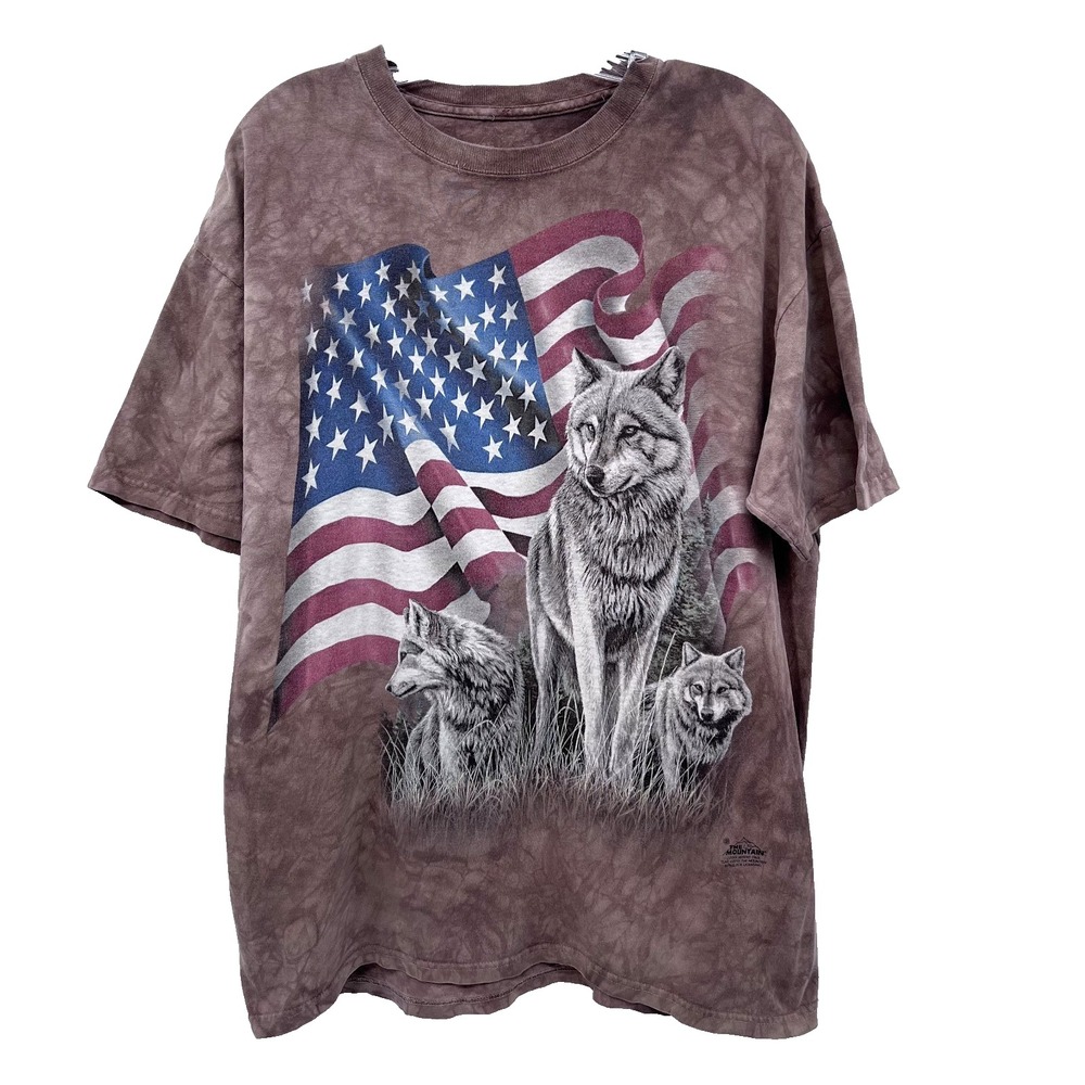 THE MOUNTAIN Adult Sz L Vintage 2001 Brown Tie-Dye Wolf Pack Wolves Flag T-Shirt